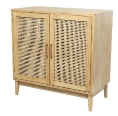 LIGHT BROWN WOOD 1 SHELF AND 2 DOOR CABINET WITH CANE FRONT DOORS AND GOLD HANDLES