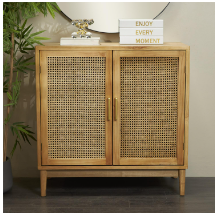 LIGHT BROWN WOOD 1 SHELF AND 2 DOOR CABINET WITH CANE FRONT DOORS AND GOLD HANDLES