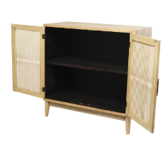 LIGHT BROWN WOOD 1 SHELF AND 2 DOOR CABINET WITH CANE FRONT DOORS AND GOLD HANDLES