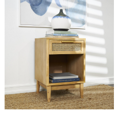 LIGHT BROWN WOOD 1 SHELF AND 2 DOOR CABINET WITH CANE FRONT DOORS AND GOLD HANDLES