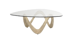 BEIGE CEMENT ABSTRACT WOOD GRAIN INSPIRED COFFEE TABLE WITH WAVY BASE AND TRIANGULAR GLASS TOP