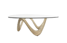 BEIGE CEMENT ABSTRACT WOOD GRAIN INSPIRED COFFEE TABLE WITH WAVY BASE AND TRIANGULAR GLASS TOP