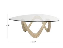 BEIGE CEMENT ABSTRACT WOOD GRAIN INSPIRED COFFEE TABLE WITH WAVY BASE AND TRIANGULAR GLASS TOP