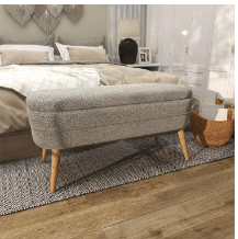 GRAY FABRIC ROUNDED UPHOLSTERED STORAGE BENCH WITH WOOD LEGS
