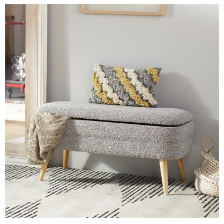 GRAY FABRIC ROUNDED UPHOLSTERED STORAGE BENCH WITH WOOD LEGS