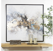 MULTI COLORED CANVAS ABSTRACT WATERCOLOR BLOTCH FRAMED WALL ART WITH GOLD FOIL ACCENTS AND BLACK FRAME