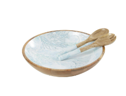 LIGHT BLUE MANGO WOOD HANDMADE DECORATIVE BOWL WITH MATCHING SALAD SERVING UTENSILS
