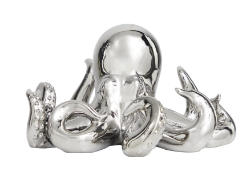 SILVER CERAMIC OCTOPUS SCULPTURE WITH TEXTURED TENTACLES,