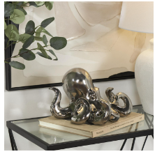 SILVER CERAMIC OCTOPUS SCULPTURE WITH TEXTURED TENTACLES,