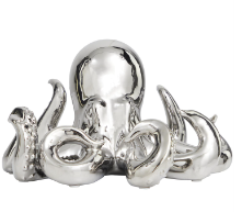 SILVER CERAMIC OCTOPUS SCULPTURE WITH TEXTURED TENTACLES,