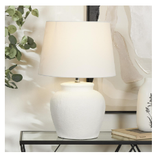 WHITE CEMENT POT INSPIRED TABLE LAMP WITH TEXTURED EXTERIOR,