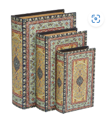 MULTI COLORED CANVAS STORAGE BOOK BOX WITH ARABESQUE PATTERN AND GOLD PAGE INSPIRED DETAIL