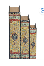 MULTI COLORED CANVAS STORAGE BOOK BOX WITH ARABESQUE PATTERN AND GOLD PAGE INSPIRED DETAIL
