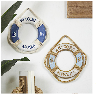 BLUE WOODEN SIGN HANDMADE "WELCOME" ROPE LIFE RING WALL DECOR WITH VARYING DETAILS AND COLORS