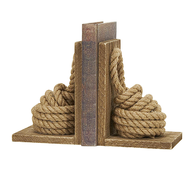 BROWN WOOD KNOT ROPE BOOKENDS WITH DISTRESSED L-SHAPED STANDS,
