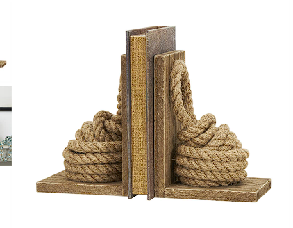 BROWN WOOD KNOT ROPE BOOKENDS WITH DISTRESSED L-SHAPED STANDS,