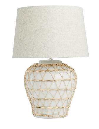 WHITE CERAMIC GEOMETRIC WOVEN RATTAN TABLE LAMP WITH LINEN SHADE