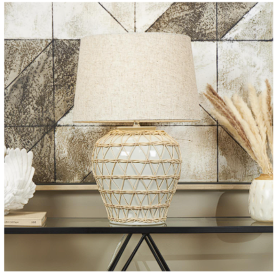 WHITE CERAMIC GEOMETRIC WOVEN RATTAN TABLE LAMP WITH LINEN SHADE