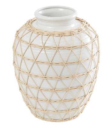 WHITE CERAMIC HANDMADE VASE WITH WOVEN RATTAN EXTERIOR