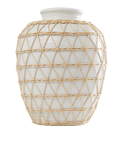 WHITE CERAMIC HANDMADE VASE WITH WOVEN RATTAN EXTERIOR