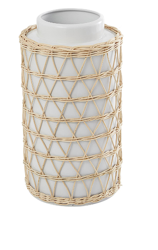WHITE CERAMIC HANDMADE VASE WITH WOVEN RATTAN EXTERIOR,