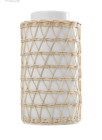 WHITE CERAMIC HANDMADE VASE WITH WOVEN RATTAN EXTERIOR,