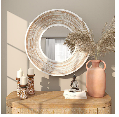 CREAM WOOD WALL MIRROR WITH WHITE WASH EFFECT