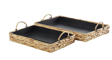 LIGHT BROWN SEAGRASS HANDMADE NESTING TRAY WITH BLACK WOOD INTERIORS