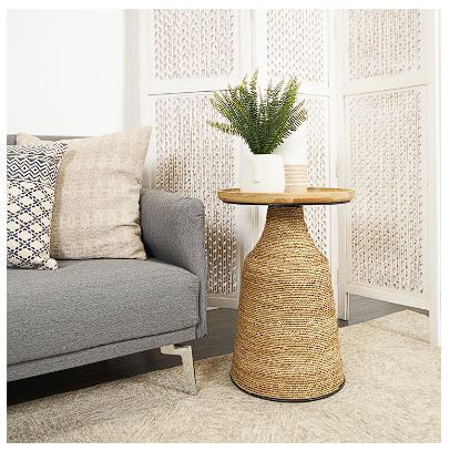 BROWN DRIED PLANT HANDMADE WRAPPED ACCENT TABLE WITH WOOD TABLETOP, 17" X 17" X 24"