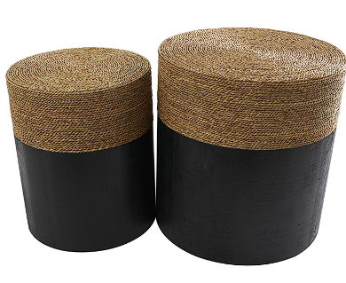 BLACK WOOD HANDMADE COLORBLOCK WRAPPED ACCENT TABLE WITH DRIED PLANT TABLETOPS, SET OF 2 20", 18"H