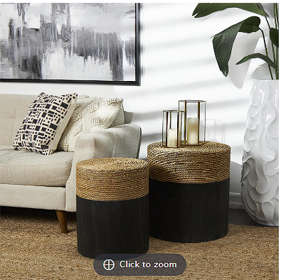 BLACK WOOD HANDMADE COLORBLOCK WRAPPED ACCENT TABLE WITH DRIED PLANT TABLETOPS, SET OF 2 20", 18"H
