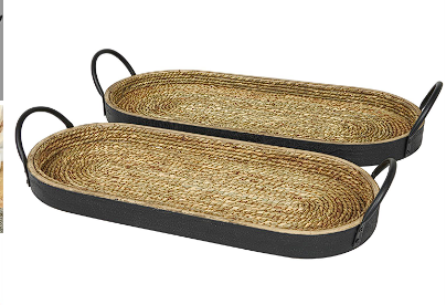 BROWN WOODEN COILED OVAL TRAY WITH BLACK METAL HANDLES,