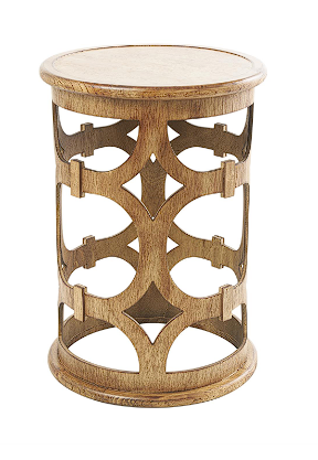 BROWN WOOD GEOMETRIC OPEN FRAME ACCENT TABLE WITH CIRCULAR CUTOUTS, 17" X 17" X 24"