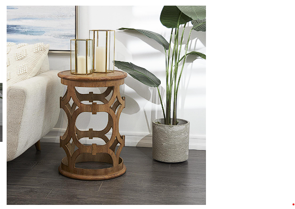 BROWN WOOD GEOMETRIC OPEN FRAME ACCENT TABLE WITH CIRCULAR CUTOUTS, 17" X 17" X 24"