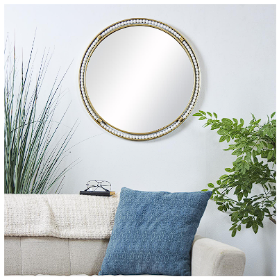 GOLD METAL WALL MIRROR WITH WHITE WOOD BEADING,