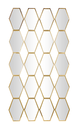 GOLD METAL WALL MIRROR WITH DIAMOND AND HEXAGON SHAPED MIRRORS, 29" X 1" X 53"