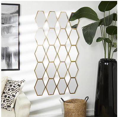 GOLD METAL WALL MIRROR WITH DIAMOND AND HEXAGON SHAPED MIRRORS, 29" X 1" X 53"