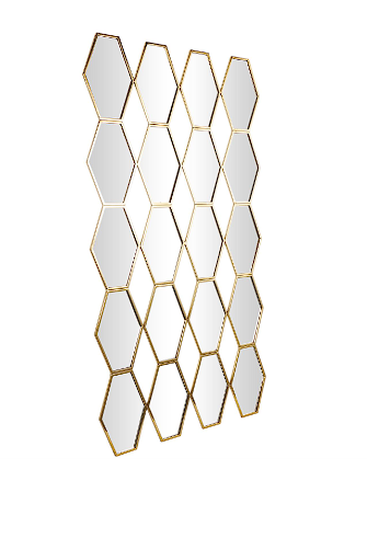 GOLD METAL WALL MIRROR WITH DIAMOND AND HEXAGON SHAPED MIRRORS, 29" X 1" X 53"