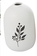 WHITE CERAMIC VASE WITH BLACK LEAF AND BERRY PRINTS,