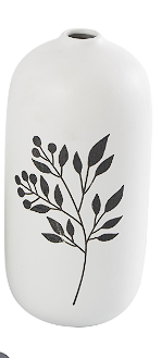 WHITE CERAMIC VASE WITH BLACK LEAF AND BERRY PRINTS,