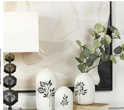 WHITE CERAMIC VASE WITH BLACK LEAF AND BERRY PRINTS,