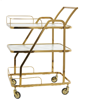 GOLD METAL GLASS SHELF 3 TIER BAR CART WITH SIDE GUARDS AND HANDLE, 27" X 18" X 35