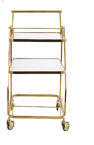 GOLD METAL GLASS SHELF 3 TIER BAR CART WITH SIDE GUARDS AND HANDLE, 27" X 18" X 35
