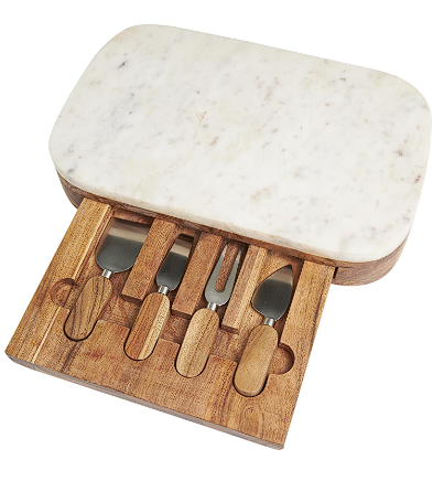 WHITE WOOD HANDMADE CUTTING BOARD WITH 4 CHEESE KNIVES, SET OF 5 16"W, 3"H