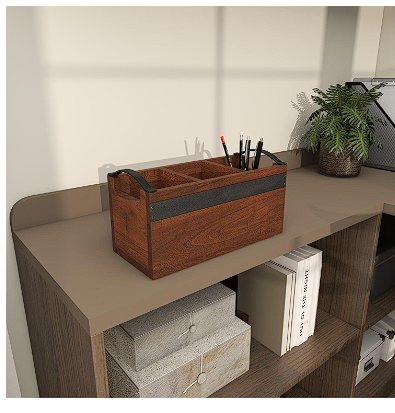 BROWN WOOD 3 SECTION TRAY WITH BLACK METAL HANDLES, 12" X 5" X 5"