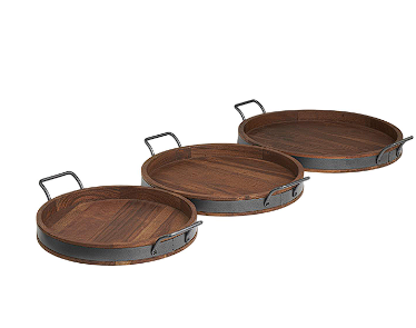 BROWN WOOD NESTING TRAY WITH BLACK METAL HANDLES,