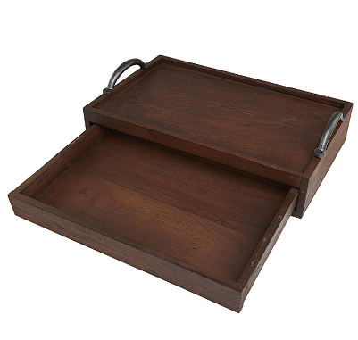 BROWN WOOD HIDDEN DRAWER TRAY WITH BLACK METAL HANDLES