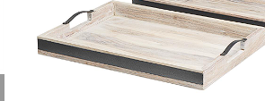 BROWN WOOD TRAY WITH BLACK METAL HANDLES,
