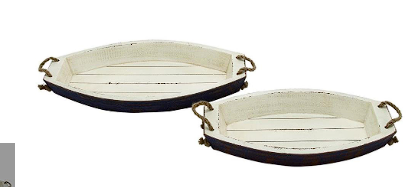 WHITE WOOD SAIL BOAT TRAY WITH ROPE HANDLES,