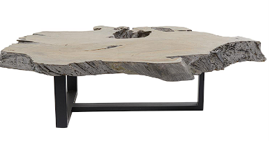 GRAY TEAK WOOD HANDMADE LIVE EDGE WOOD SLAB COFFEE TABLE WITH BLACK T STAND BASE, 50" X 32" X 15"